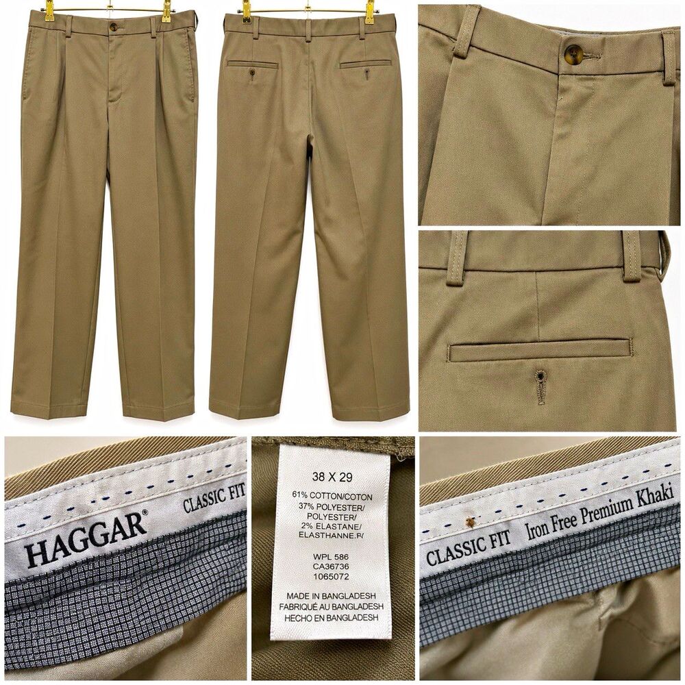 Haggar Iron Free Classic Fit Men's Straight Leg Flat Front Beige Khakis 38x29